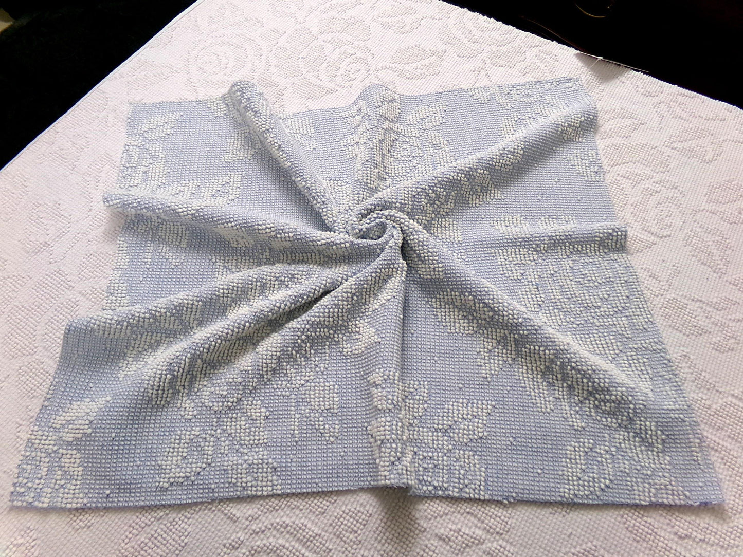 vintage hobnail rose fabric, blue & white woven chenille floral dot design, 19" x 24" piece