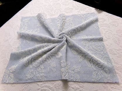 vintage hobnail rose fabric, blue & white woven chenille floral dot design, 19" x 24" piece