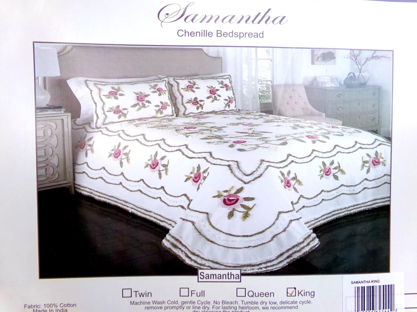 Vintage Style KING Chenille Bedspread, Samantha Rose Floral Design, 100% Cotton
