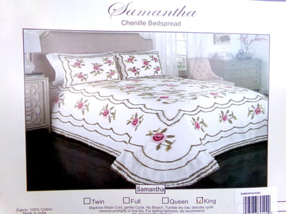 Vintage Style KING Chenille Bedspread, Samantha Rose Floral Design, 100% Cotton
