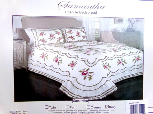 Vintage Style KING Chenille Bedspread, Samantha Rose Floral Design, 100% Cotton