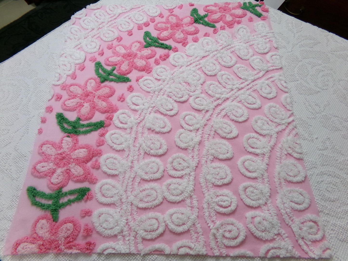 Flower Arch Vintage Chenille Bedspread Fabric, Pink Floral Sewing Material 20" x 24" Piece