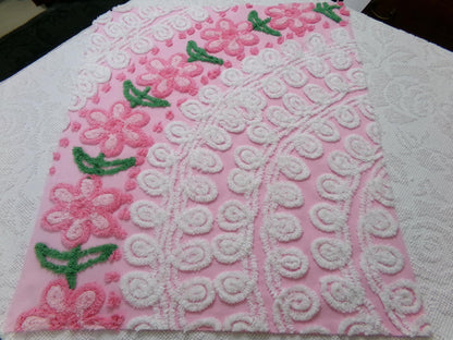 Flower Arch Vintage Chenille Bedspread Fabric, Pink Floral Sewing Material 20" x 24" Piece