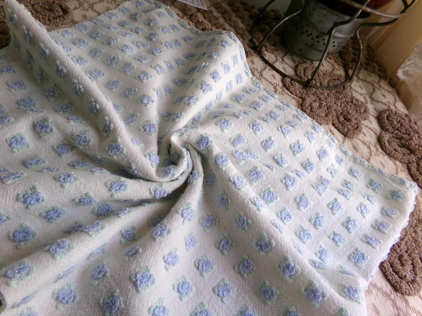 Tiny Blue Rosebuds Vintage Chenille Quilt Fabric, 18" x 21" inch Piece Lightweight Mini Roses