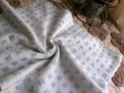 Tiny Blue Rosebuds Vintage Chenille Quilt Fabric, 18" x 21" inch Piece Lightweight Mini Roses