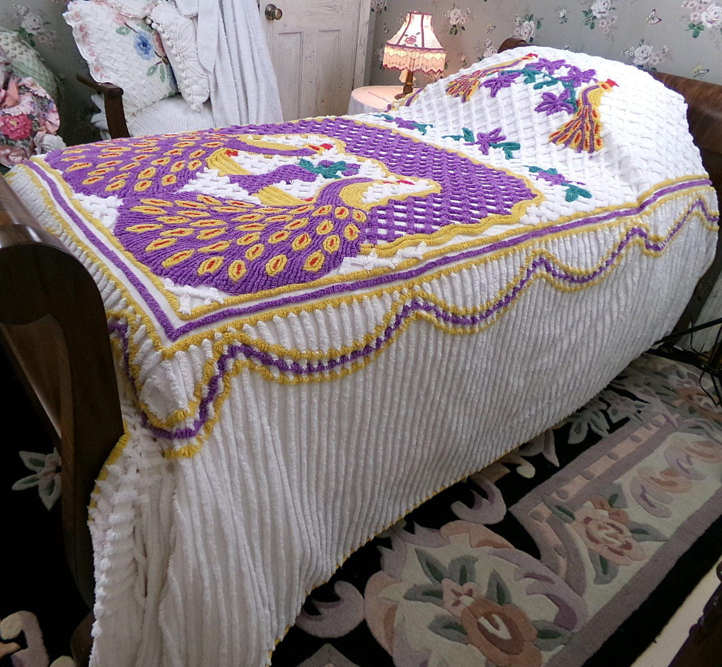Vintage Chenille Bedspread Double Peacock Purple Gold White, Full Size