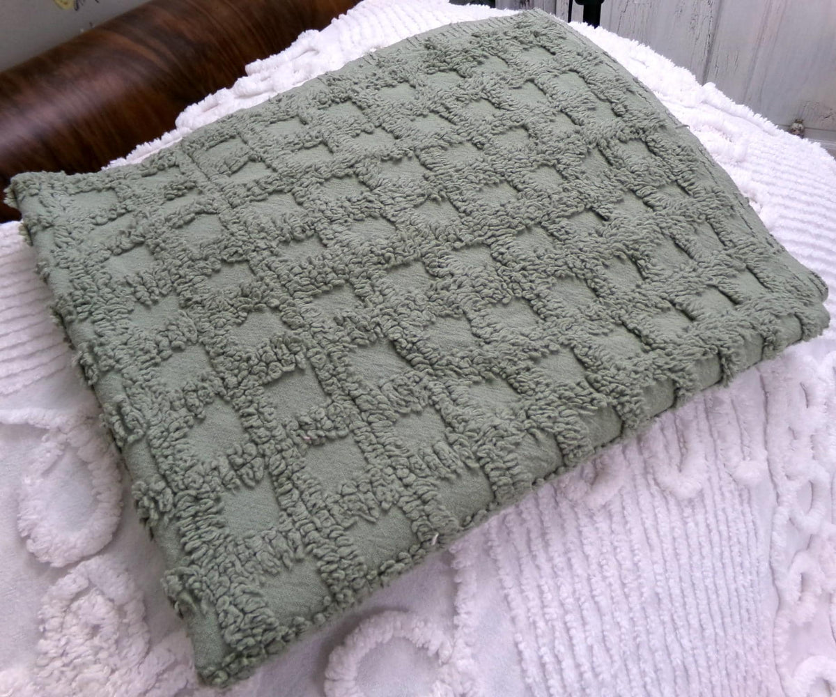 Simple Sage Squares Vintage Style Chenille Fabric, Grid Design, 18x24" Piece