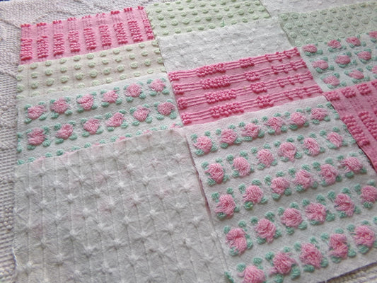 fairy girl pinks chenille fabric squares, set of 12 vintage 6" quilt blocks in crafty girl's dozen, popular squiggles, rosebud, dots