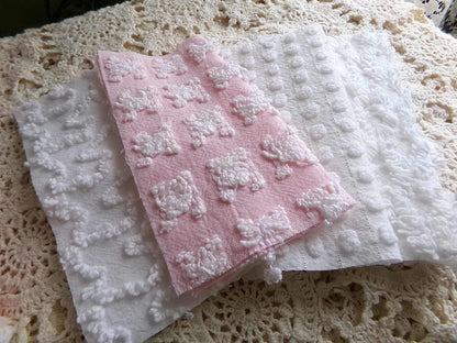 angel feathers chenille fabric squares, pink & white rosebud, lattice, dots, squiggles, vintage square set of 16 quilt blocks, 6" x 6" inch