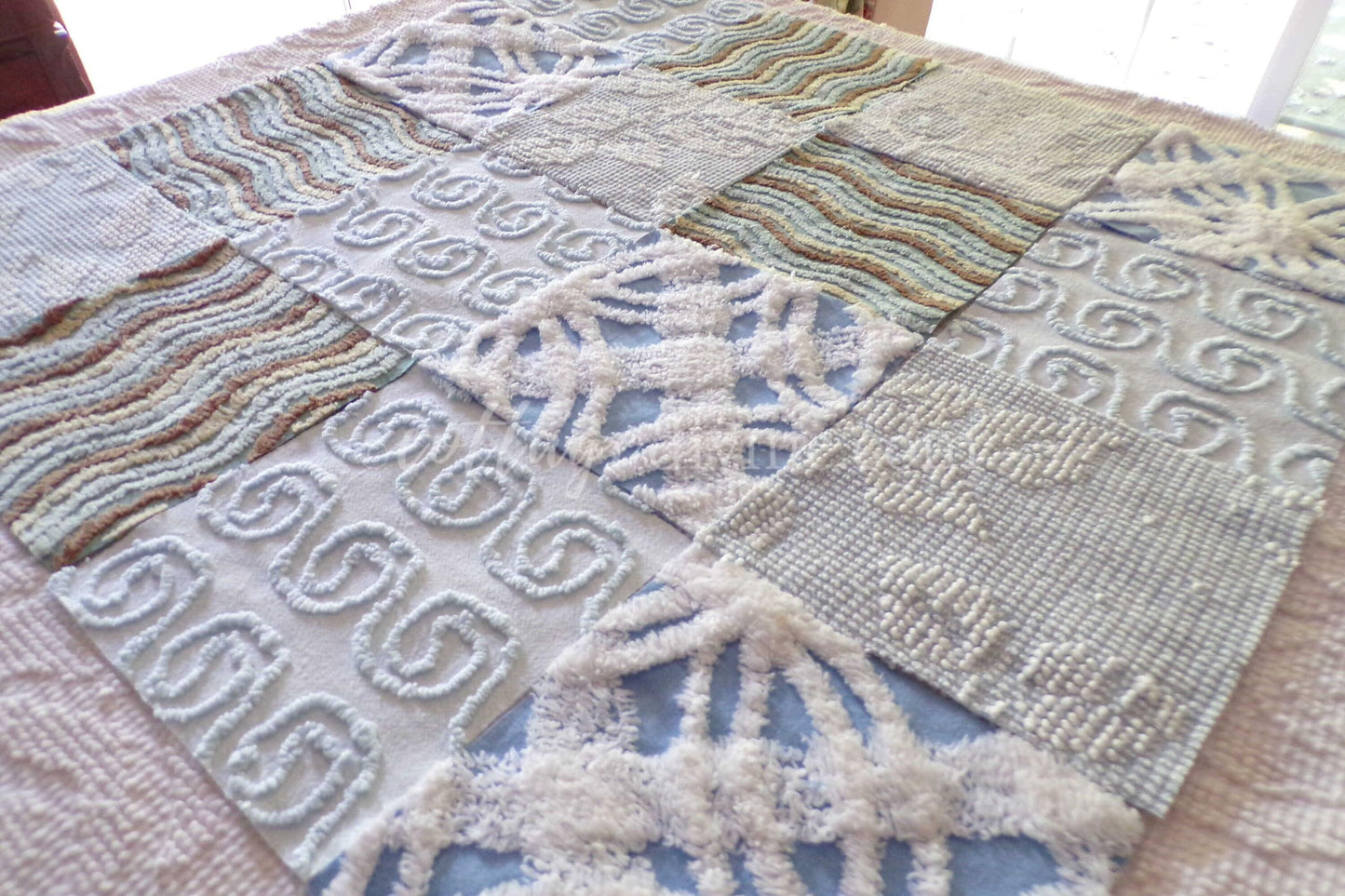 Breezy Blues Vintage Chenille Fabric Squares, Set of 17 Quilt Blocks, 6" x 6" inch, for Slow Stitching, Junk Journals, Quilting