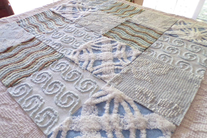 Breezy Blues Vintage Chenille Fabric Squares, Set of 17 Quilt Blocks, 6" x 6" inch, for Slow Stitching, Junk Journals, Quilting