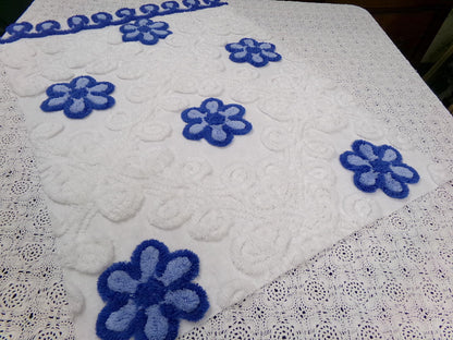 Vintage Chenille Bedspread Fabric, Plush Blue Flowers White Curlicues, 20x26" Piece