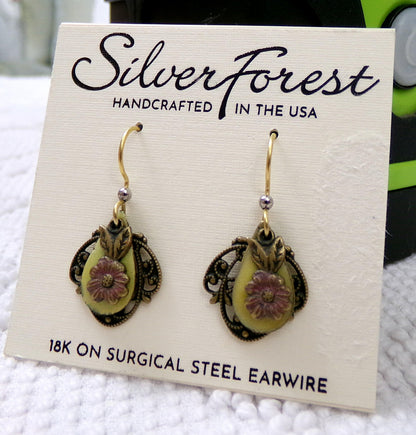 Layered Floral Dangle Pierced Earrings, Boho Vintage Style Silver Forest Made in USA