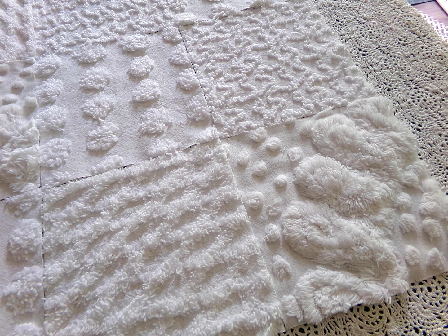 snow bunny vintage chenille fabric squares, 16 vintage white 6" quilt blocks w/ pops, squiggles, diamond lattice & swirls