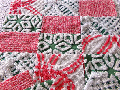 Vintage ChristmasChenille Fabric Squares, Set of 17 Festive Red, White & Green 6" Cotton Quilt Blocks