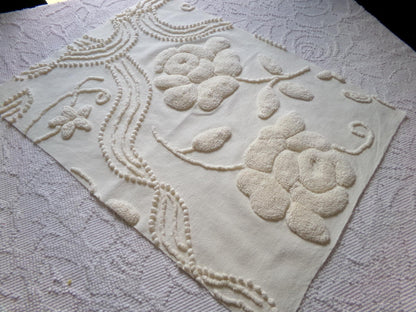 stylized ivory roses vintage chenille fabric, 100% cotton 16" x 21" cut piece w/ sprawling heavily tufted rose design for crafts, sewing
