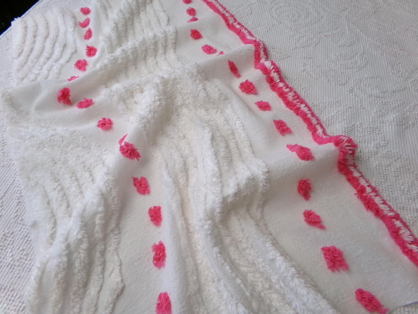 zany white & hot pink vintage chenille fabric: interesting piece of sewing material, 15" x 28" lightweight cotton blend piece