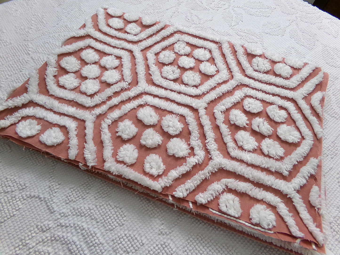 boho vintage chenille fabric, white tufted terracotta geometric design, 18" x 24" quilt material