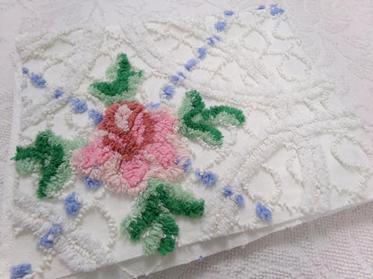 shabby romantic vintage chenille bedspread fabric, pink rose quilt material, 26" x 30" piece