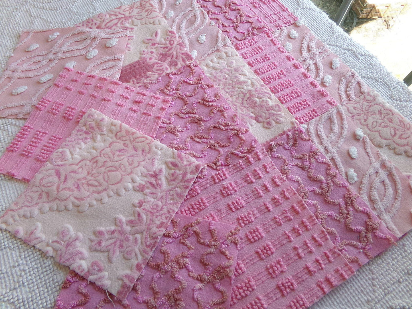 pixie princess velvet & chenille fabric squares, set of 16 pink vintage 6" quilt blocks for crafting, quilt inlays, pillows, fiber arts