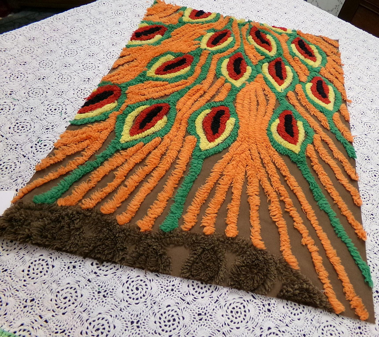 peacock feathers vintage chenille bedspread fabric boho exotic plumes brown orange 14.5x19.5"