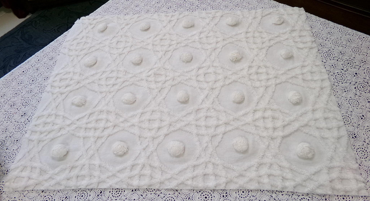Vintage Chenille Bedspread Fabric, Plush Blue Flowers White Curlicues, 18x24" Piece