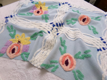 Vintage Blue Floral Chenille Bedspread Fabric, coastal chic sewing material, 21" x 25"