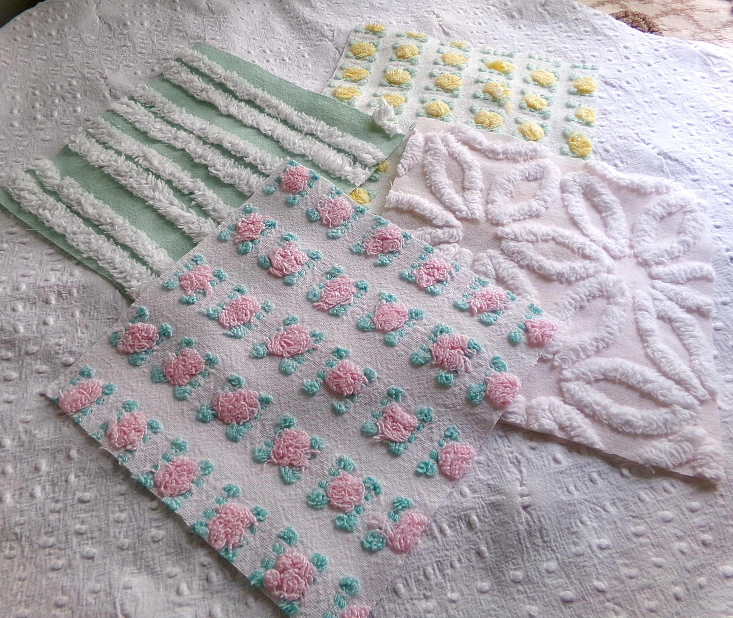 Chenille Squares Set, "Spring Bliss," 16 Vintage Fabric Quilt Blocks, 6" inch in White Daisy, Pink & Yellow Rosebud, Mint Green
