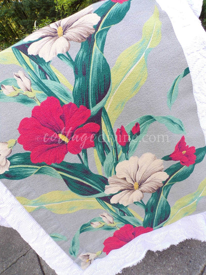 Tropical Vintage Barkcloth Fabric Piece, Salvaged MCM Exotic Botanical Island Hibiscus Print, 19" x 28" cut piece for fiber arts, sewing