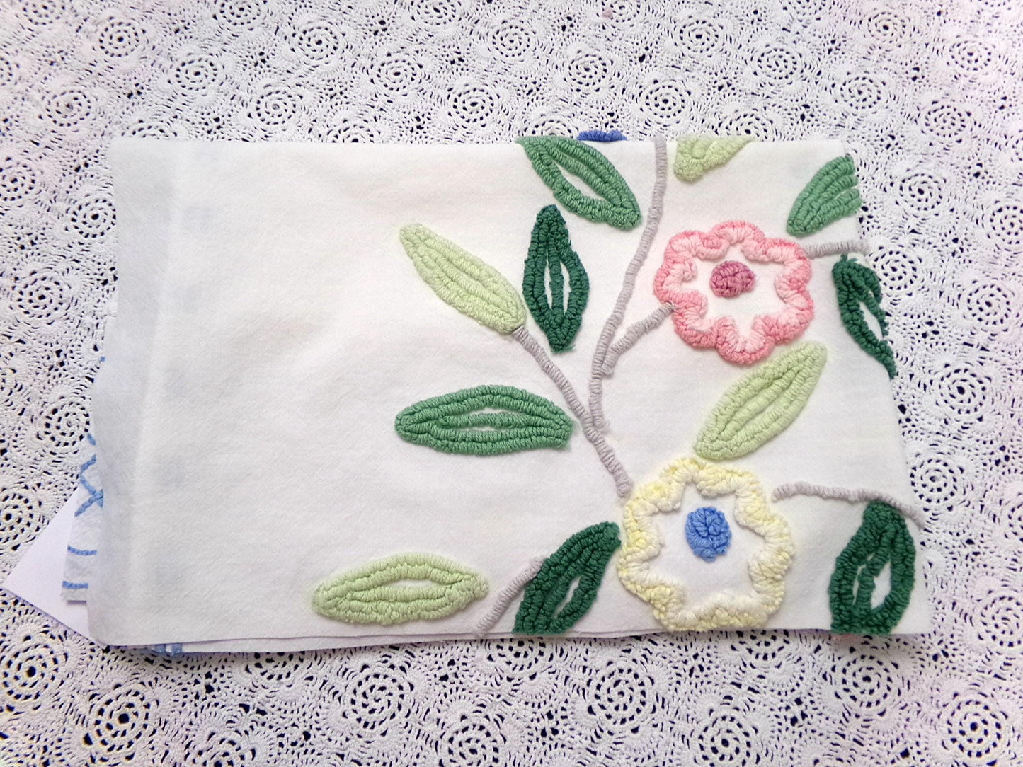 cottage style vintage chenille bedspread fabric 17x24" blue white floral