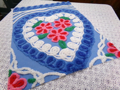American Spirit Vintage Chenille Fabric Blue Floral Heart Scroll 19x24"