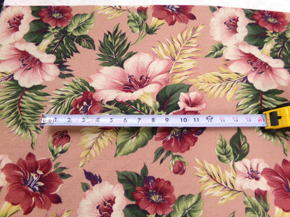 Vintage Barkcloth Fabric Mauve Tropical Hibiscus Floral Island Cottage Shabby 17x36"