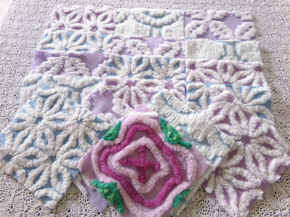 serene chenille fabric squares, dreamy blue, lilac & white, 17 vintage quilt blocks 6" x 6" inch, for pillows, quilting, crafts