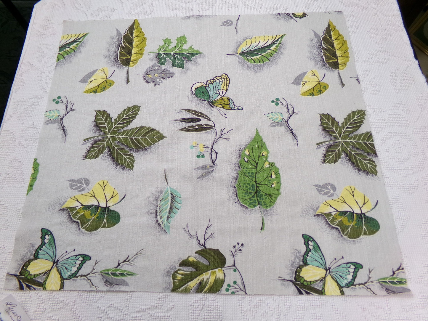 Butterfly Botanical Vintage Barkcloth Fabric Dimensional Natural Leaf Pattern 21" x 24"