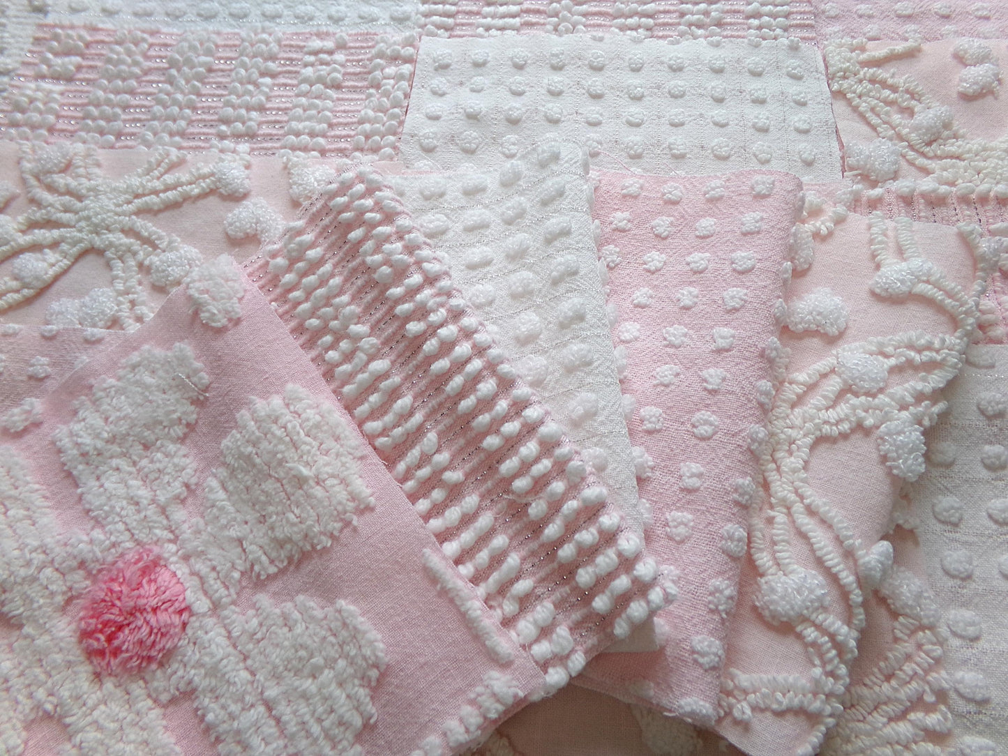 peaceful pinks vintage 6" chenille fabric squares, set of 17 vintage cottage chic quilt blocks for quilting, sewing & crafts