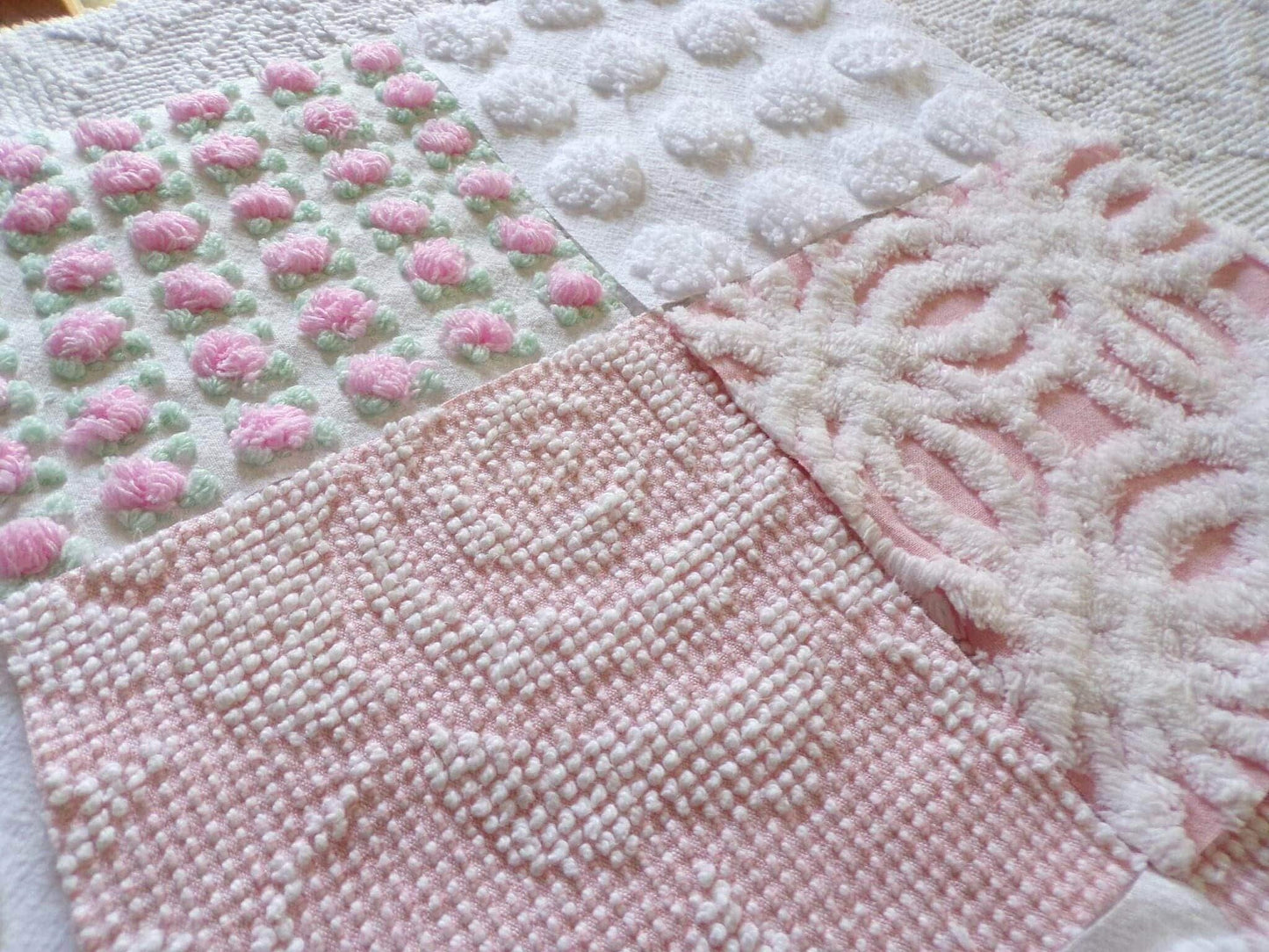 Pink Whispers Chenille Quilt Squares Set from Vintage Bedspread Fabric, 16 Blocks, 6" inch