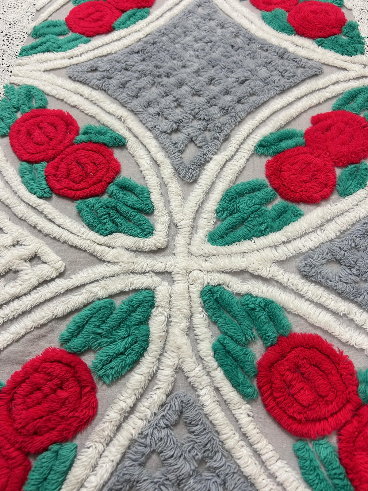 Red Rose Vintage Chenille Fabric, Dove Grey & White 15x28" Craft Piece