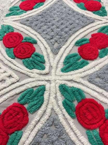 Red Rose Vintage Chenille Fabric, Dove Grey & White 15x28" Craft Piece