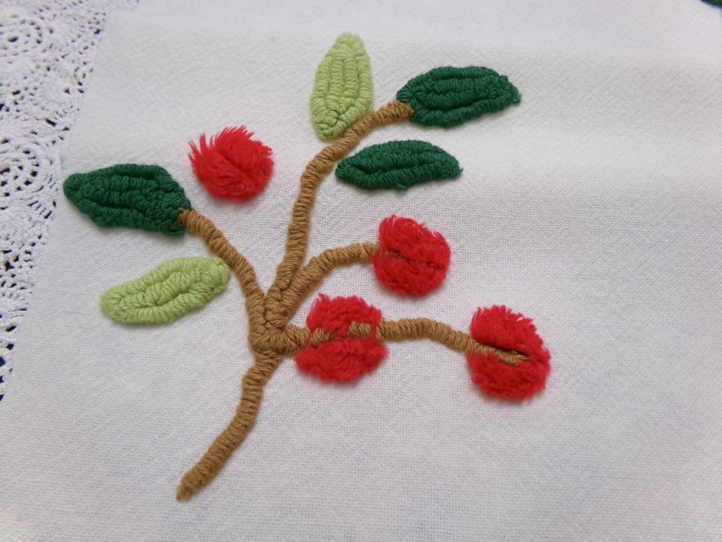 Cherry Berry Vtg Chenille Bedspread Fabric 14.5x27" Pc Farmhouse Sewing Material
