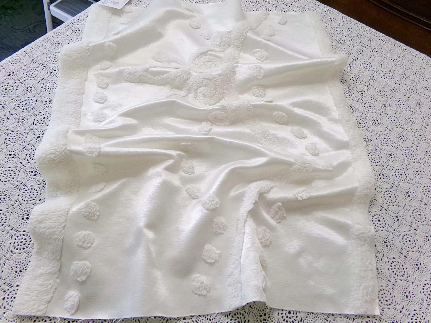 Vintage White Satin Chenille Bedspread Fabric, Shabby Chic 19x25" Piece