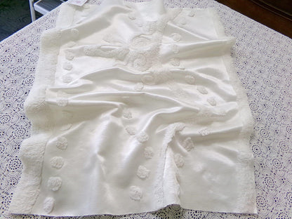 Vintage White Satin Chenille Bedspread Fabric, Shabby Chic 19x25" Piece