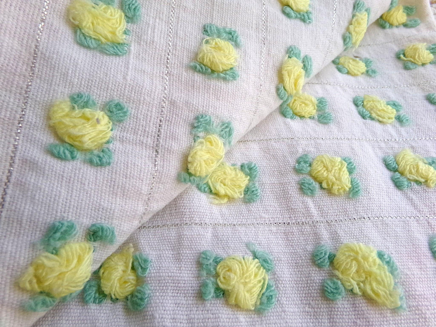 vibrant yellow rosebud vintage chenille fabric, Bates rose design silver lurex 18" x 21" piece