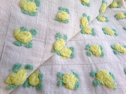 vibrant yellow rosebud vintage chenille fabric, Bates rose design silver lurex 18" x 21" piece