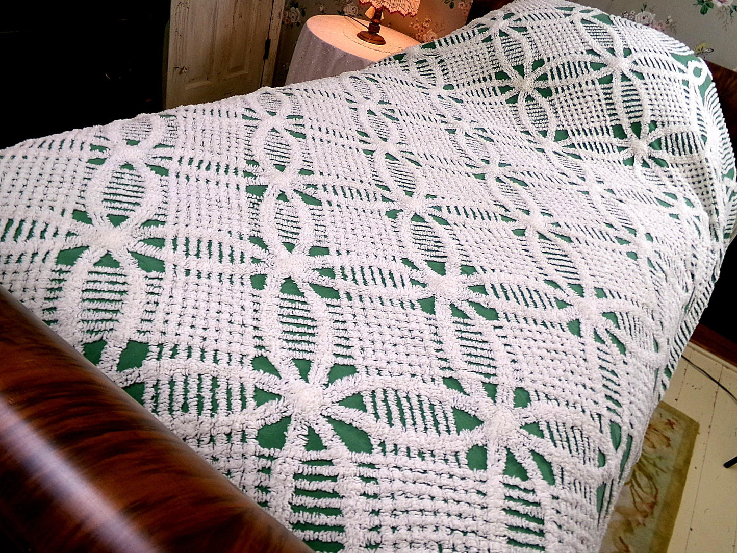 elegant evergreen vintage chenille bedspread, white geometric tufting, full size cotton bedding