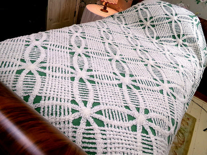 elegant evergreen vintage chenille bedspread, white geometric tufting, full size cotton bedding