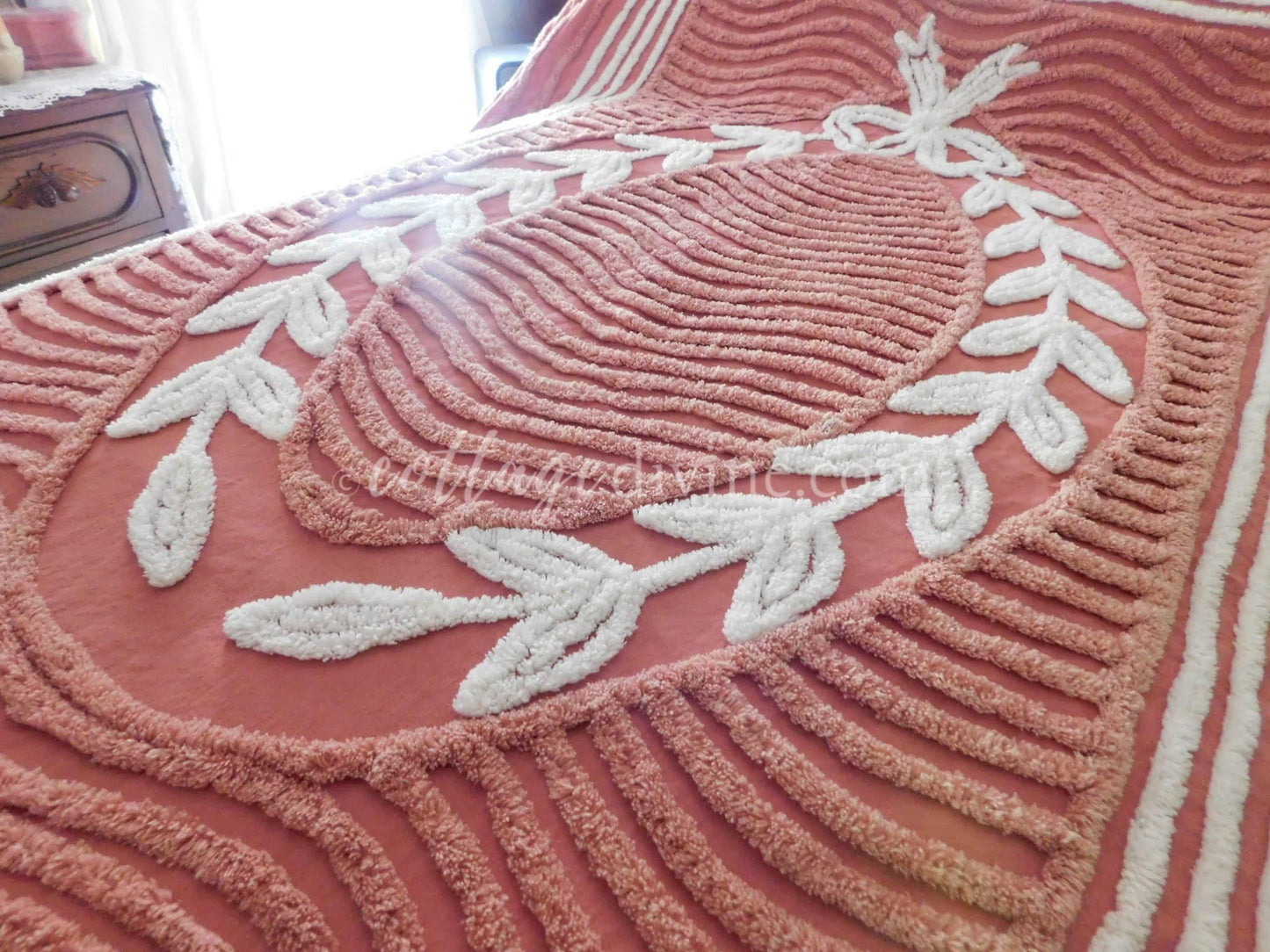 elegant twin size chenille bedspread, white laurel leaf design on terracotta, vintage cotton bedding