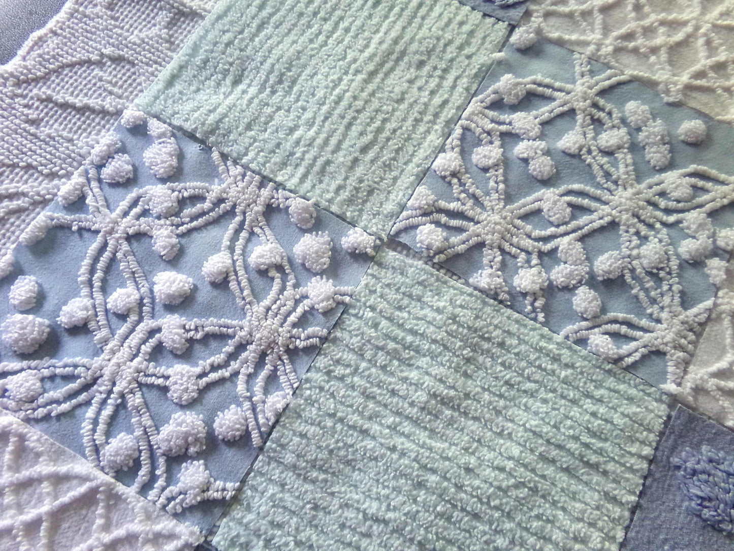 Chenille Fabric Squares Set, "Beach Life", 16 Vintage Quilt Blocks, 6" inch in Blue, Cool Aqua & White