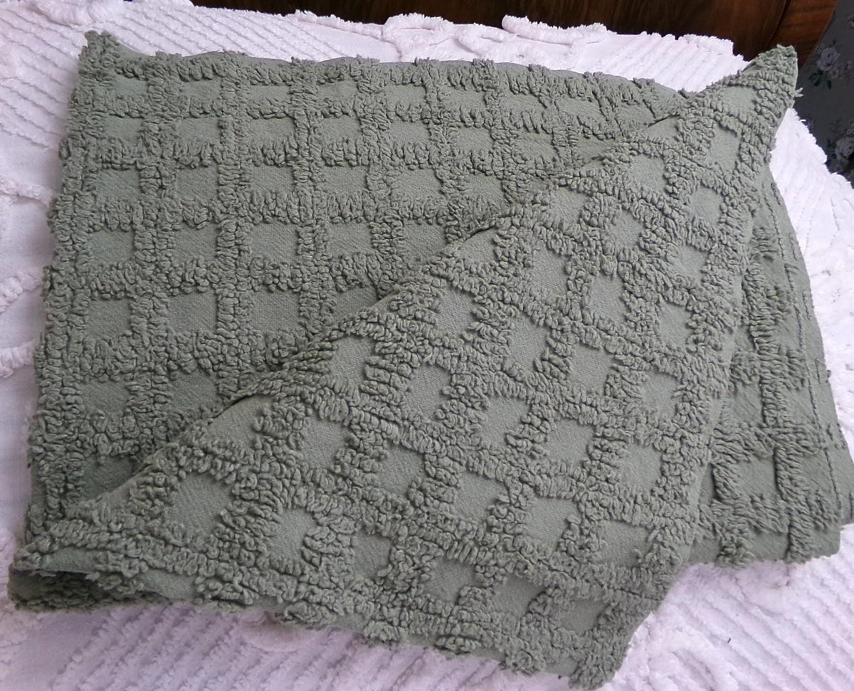 Simple Sage Squares Vintage Style Chenille Fabric, Grid Design, 18x24" Piece