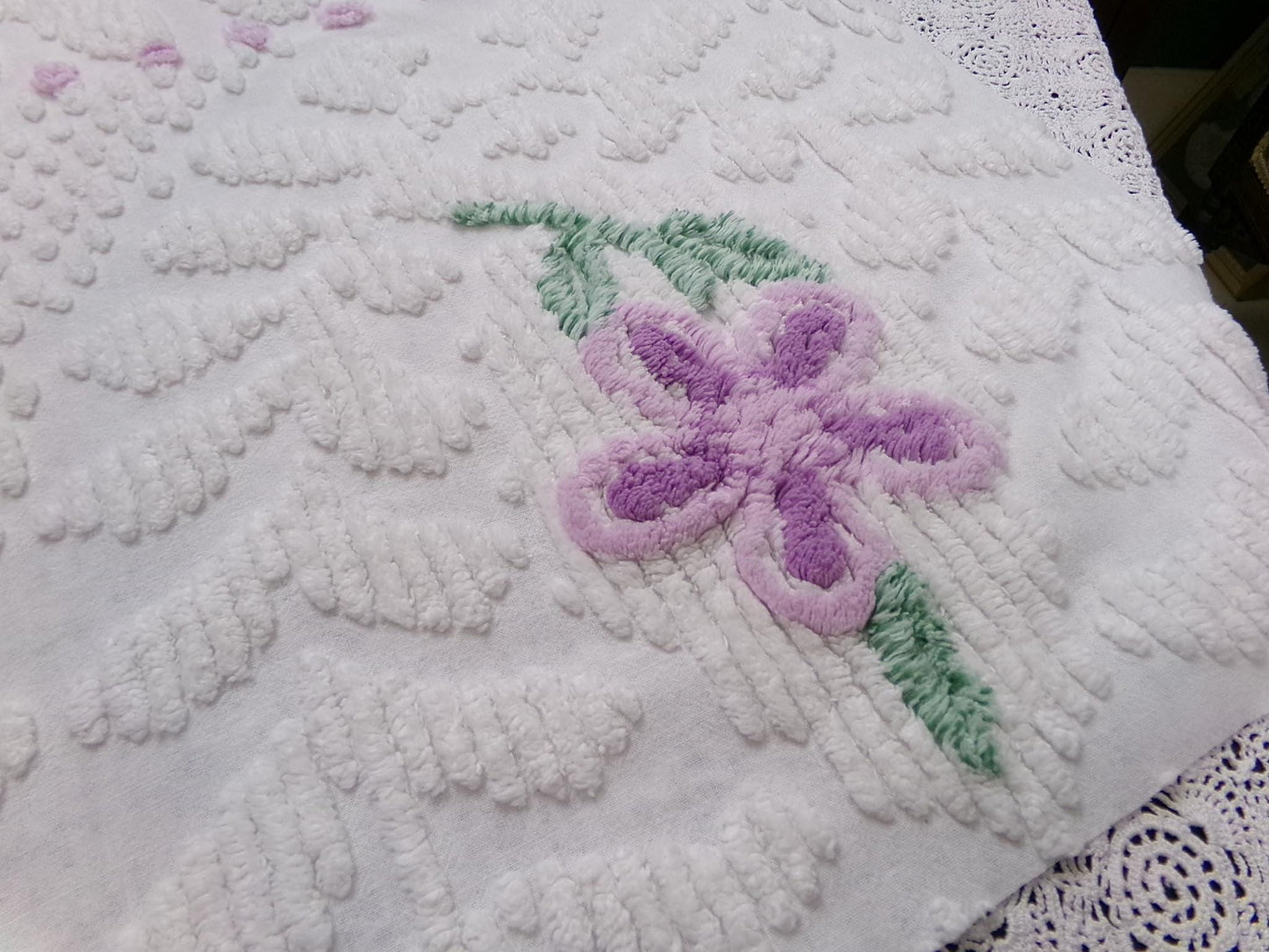 Little Lilacs Vintage Chenille Bedspread Fabric 26x36" Shabby Lightweight Quilting Material
