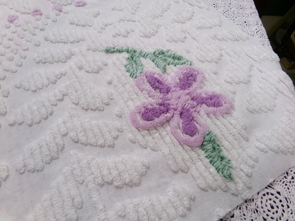 Little Lilacs Vintage Chenille Bedspread Fabric 26x36" Shabby Lightweight Quilting Material